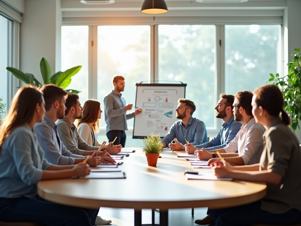 A bright, airy conference room setting in Canada, featuring a large round table with diverse professionals around it—all engaged in discussion. A mix of ages and backgrounds, with one person illustrating key points on a whiteboard. Natural light flooding in from a large window, creating a cheerful atmosphere. The table is adorned with notebooks and pens, and a digital projector displays a customs duties overview. Soft colors dominate the room, with accents of greenery from potted plants. This is for a chapter about 'Understanding Customs Duties' and should be high resolution and photo realistic.
