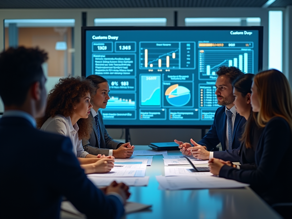 An intimate meeting scene showcasing a diverse group of professionals analyzing charts and graphs related to customs duties in a modern office environment. They are dressed in business attire, with visible expressions of focus and collaboration. The setting is well-lit, with a mix of cool and warm tones. A large digital screen shows a detailed breakdown of customs calculations. The atmosphere is serious yet engaging, highlighting teamwork. This is for a chapter about 'Key Factors in Calculating Customs Duties' and should be high resolution and photo realistic.