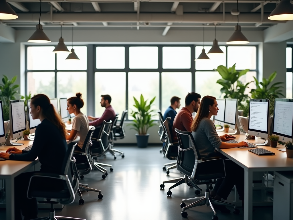 An open-plan office in Canada with several desks occupied by team members engrossed in their work, some utilizing Odoo on their computers. The environment is modern and conducive to productivity, with a focus on technology and integration. Soft sunlight creates a welcoming atmosphere, and green plants add liveliness to the workspace. The background shows screens displaying trade and customs data on Odoo. This is for a chapter about 'Utilizing Odoo for Efficient Customs Management' and should be high resolution and photo realistic.
