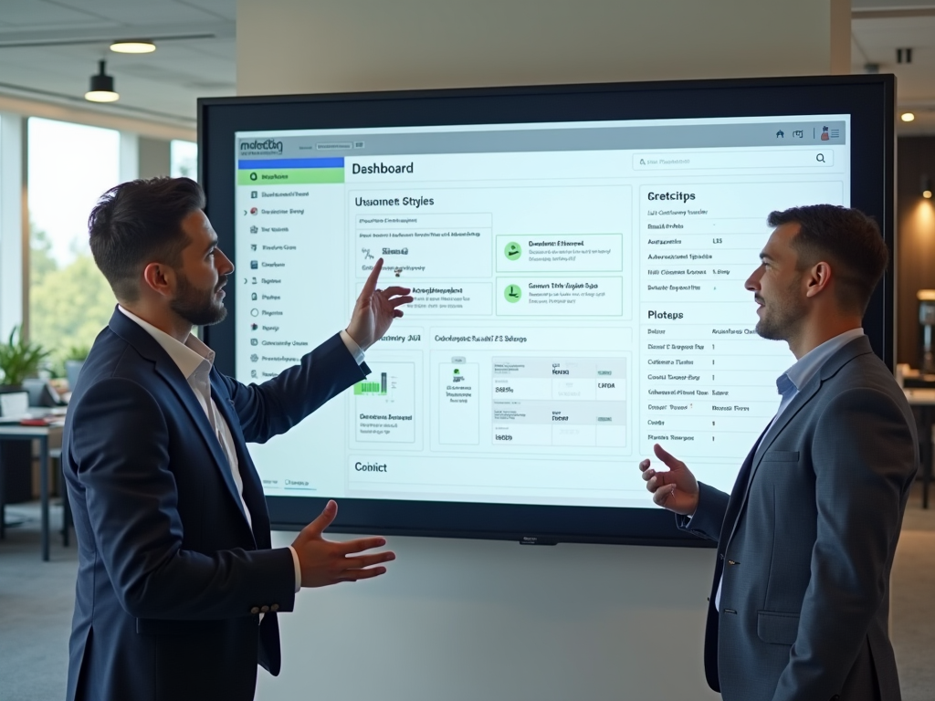 Photo realistic scene showing a bright, modern office with a large screen displaying Odoo's customs duties dashboard. An IT specialist in a business casual wear is explaining functionalities to a business owner. The space has tech gadgets and a coffee machine in the background, indicating a tech-savvy environment with an atmosphere of learning and collaboration.