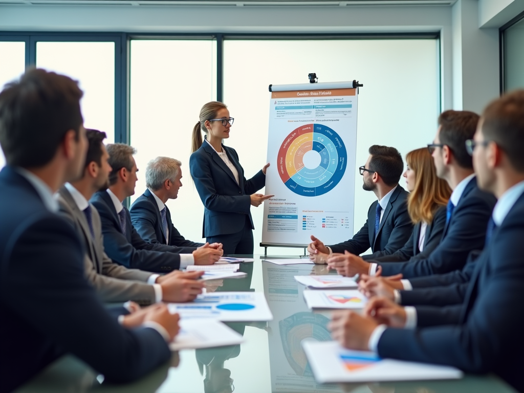 Photo realistic depiction of a team meeting in a conference room. Diverse group of professionals from different backgrounds and ages, one person presenting a chart highlighting challenges related to customs valuation. They are dressed in smart business attire, with charts and documents on the table that signify brainstorming and problem-solving. The room is bright and inviting with a sense of focus and collaboration.