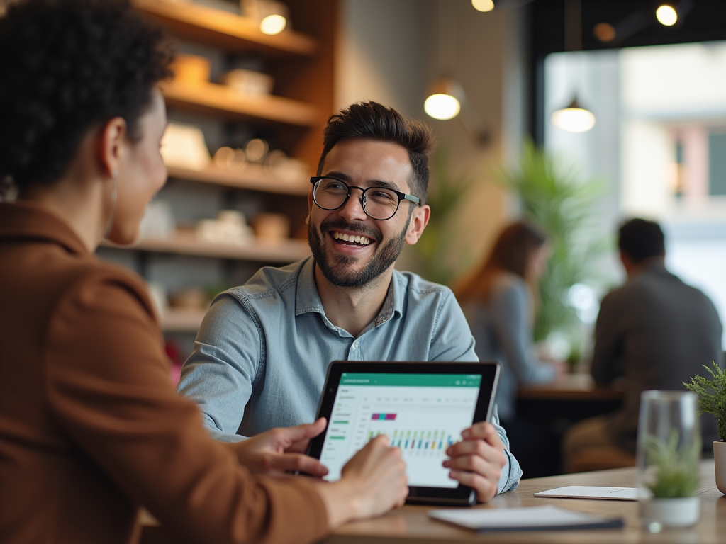 Photo realistic representation of a successful business owner in their store, proudly showcasing their achievements. Their workspace is elegant and displays Odoo interface on their tablet. The business owner is cheerfully interacting with customers, creating an atmosphere of success and satisfaction. Natural light floods the interior, highlighting the welcoming environment.
