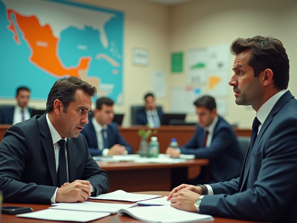 A high-resolution, photo-realistic scene in a bustling Mexican customs office. Officials in formal attire are reviewing import documents while a businessman in casual business wear is at the counter with a worried expression. There's a large map of Mexico on the wall with different regions highlighted, and the desks are cluttered with paperwork and a computer showing customs duty rates.