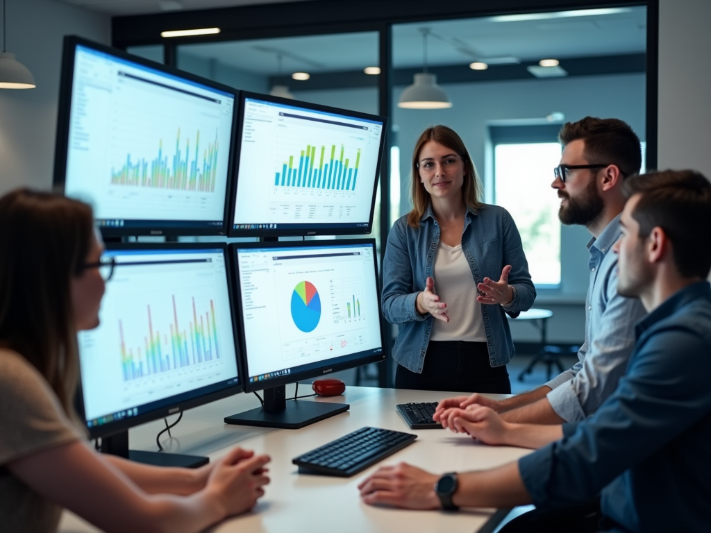 A high-resolution, photo-realistic scene of a contemporary office with a large Odoo software interface visible on multiple monitors. A small team of professionals, including a woman wearing glasses and a man in a casual shirt, is gathered around discussing the software's functionalities, with charts and graphs displayed on the screens.