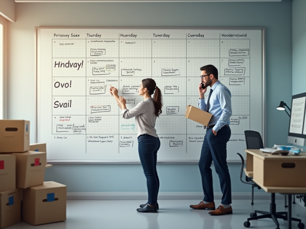 A high-resolution, photo-realistic scene depicting a well-organized office space with a large wall calendar highlighting customs deadlines. A young woman in smart casual attire is diligently updating the calendar, while her colleague in a tie is on the phone discussing compliance procedures, creating an atmosphere of proactive management.
