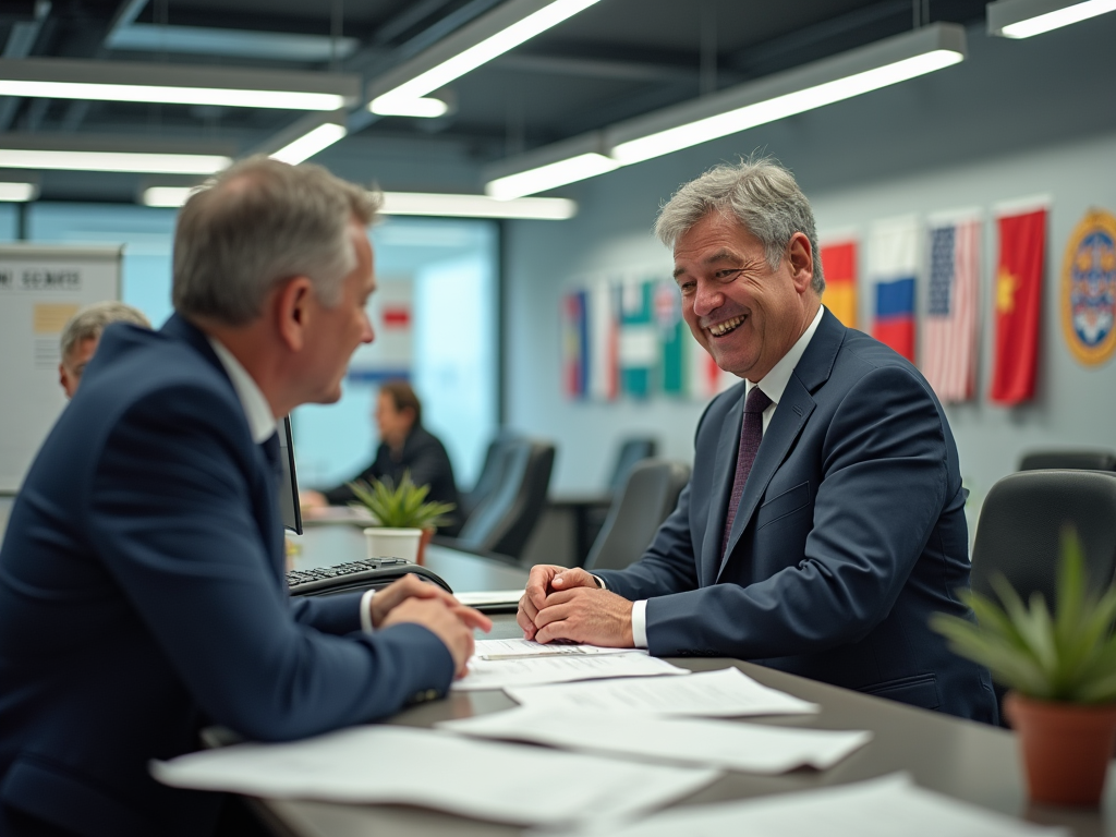 Photo-realistic setting of a customs office with a counter where a customs officer assists clients with paperwork. Various flags of different countries are displayed, while paperwork and duty payment receipts are scattered around. Soft fluorescent lights brighten the scene, emphasizing the bureaucratic yet busy atmosphere. The officer is in a uniform, smiling as they help a middle-aged businessperson who appears relieved, showcasing the relationship between businesses and customs authorities.