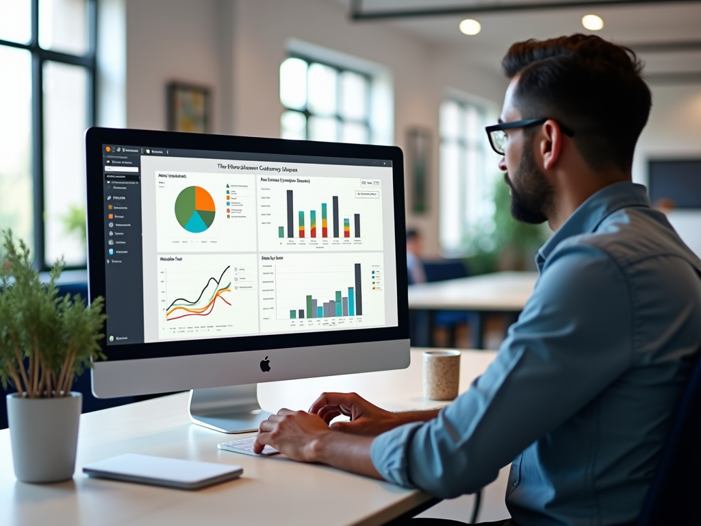 Photo-realistic image depicting a computer screen displaying the Odoo interface with graphs and visuals representing customs duties calculations. Beside the computer is a professional engaged with the software, wearing a smart-casual outfit, looking focused. The office is modern, with a clean desk and inspiring decor that indicates productivity. Natural light floods the room creating a vibrant and engaging atmosphere.