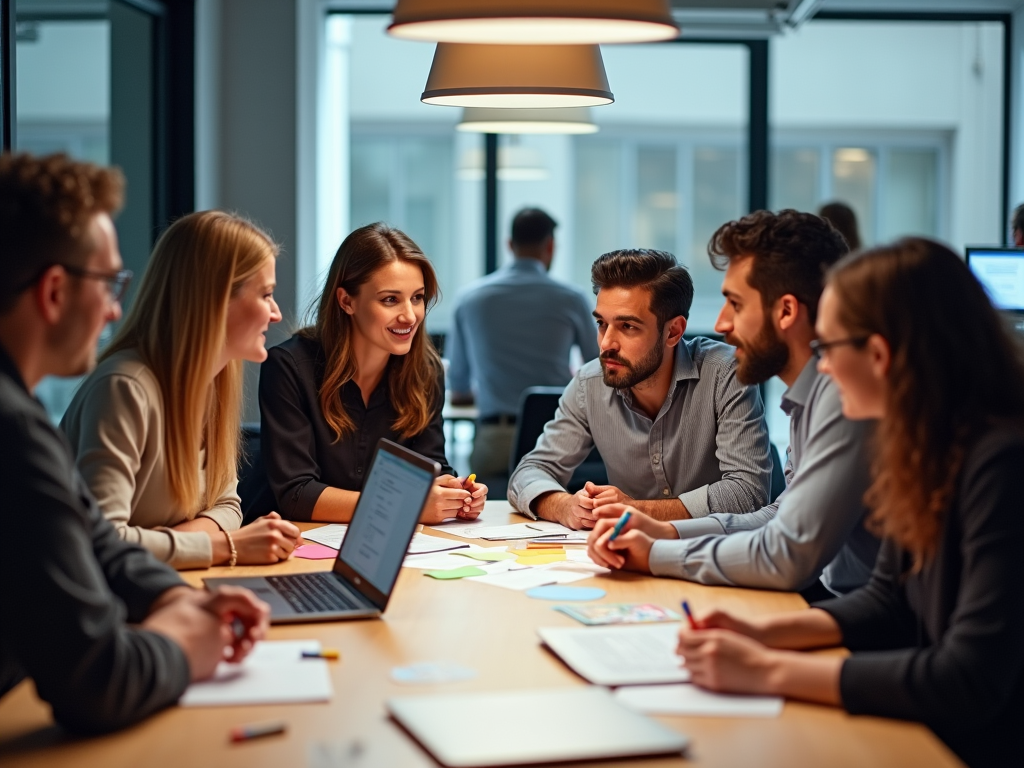 An office environment where a diverse group of professionals huddles around a central table, reviewing a project plan for implementing the add-on. Some have laptops open displaying documents, while others have sticky notes and markers. The light is inviting and enhances teamwork, ensuring a vibrant discussion environment with a feeling of collaboration.