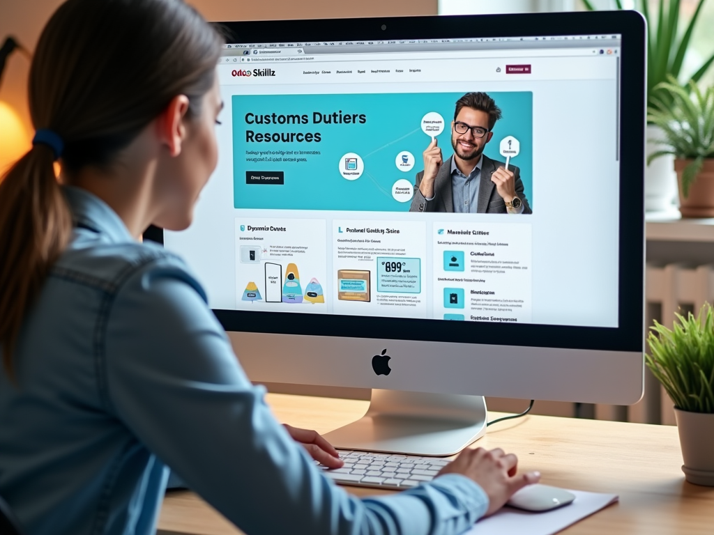 A vibrant workspace wherein a computer shows the Odoo Skillz website, linking users to resources and support for the Customs Duties Add-On. In view are dynamic charts, manuals, and FAQs displayed on screen with a professional casually browsing, looking enlightened. The environment is bright and modern, generating a sense of discovery and learning.