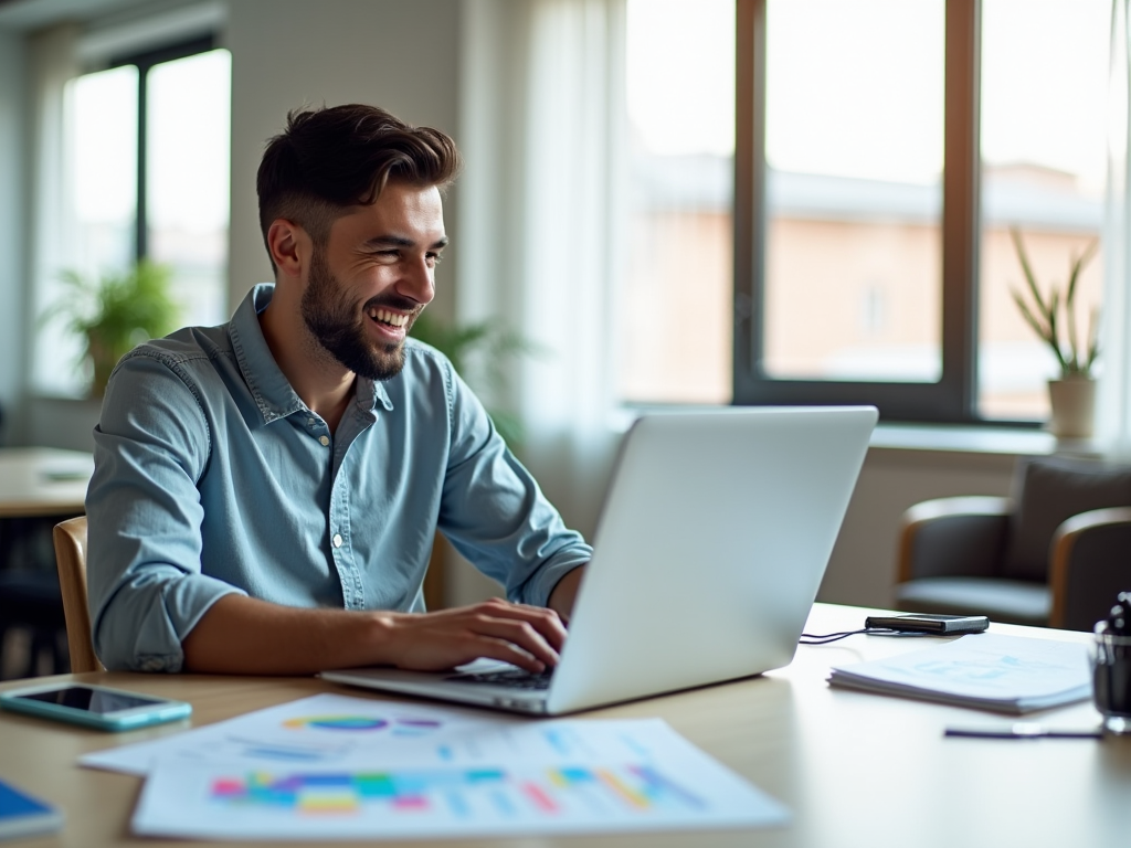 Modern office space featuring a professional (a young man in a casual button-up shirt) enthusiastically using Odoo Skillz on a laptop. The screen displays the add-on's user-friendly interface. Around him, colorful charts and reports on the desk show improved customs duty calculations, reflecting progress in streamlined processes. Natural light floods the room, creating a bright and engaging atmosphere.