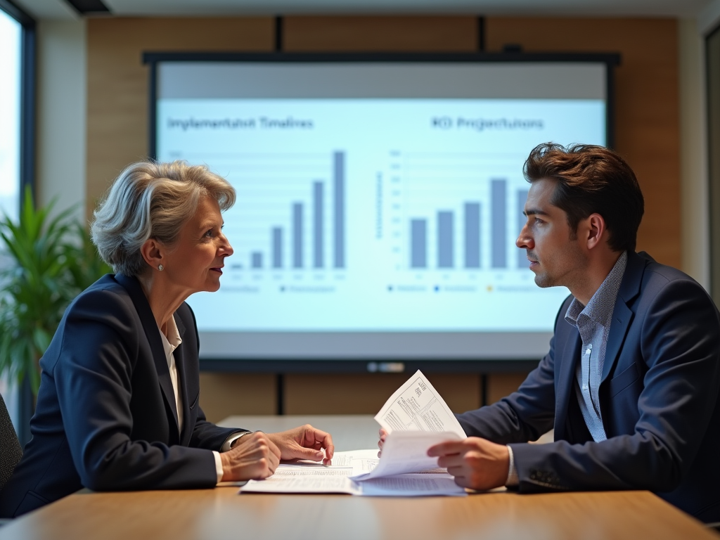 A professional (an older lady in a suit) reviewing reports alongside a younger colleague (a man in smart casual attire) in a well-furnished conference room. The screen in the background shows metrics on implementation timelines and ROI projections. A relaxed yet focused atmosphere enhances the dialog about procedural efficiency.