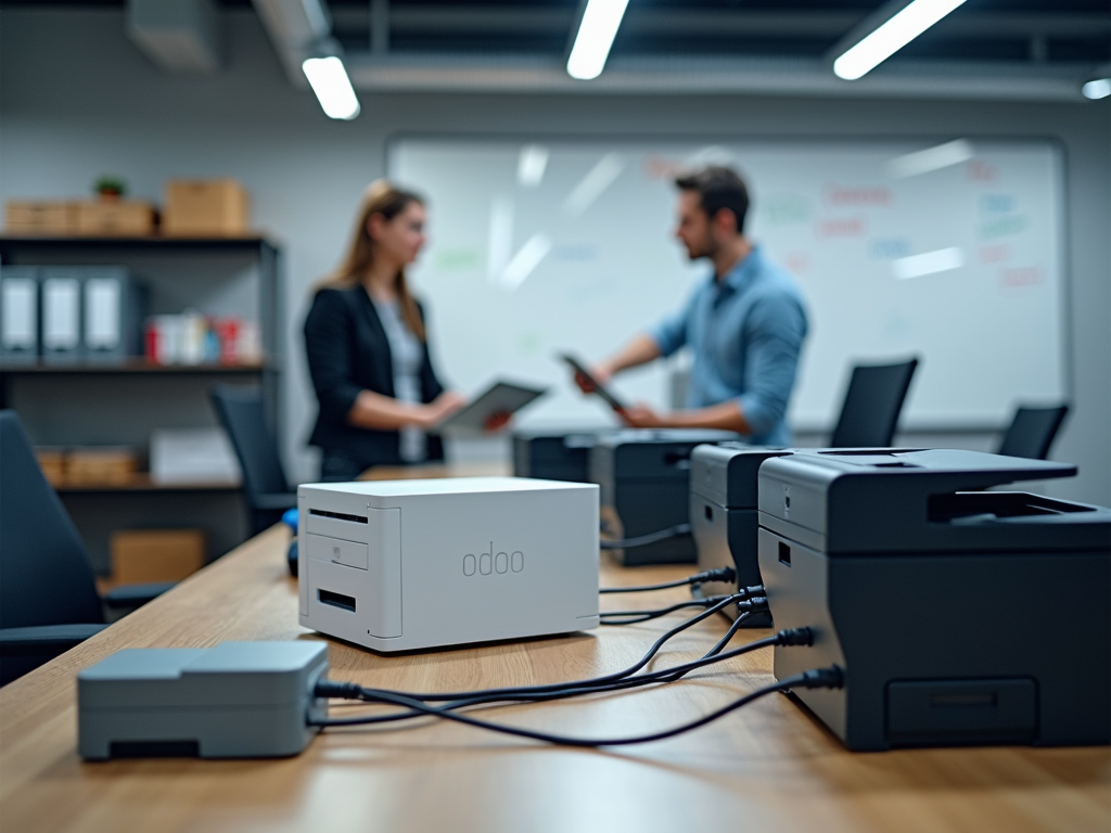 Photo-realistic image of an Odoo IoT box connected to various printers in a busy office. A technician is reviewing the connections on a laptop. Background shows shelves of office supplies and a whiteboard with brainstorming notes. Bright fluorescent lights illuminate the space, creating a professional yet busy atmosphere.