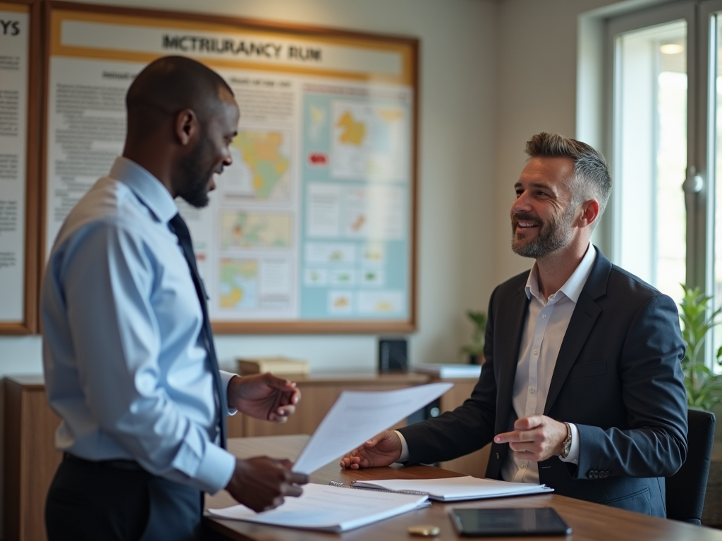 A customs office in Nairobi, Kenya, where an officer explains customs duties to an importer. The workspace should have informative posters about import regulations. The officer is dressed in official attire, with a welcoming smile, while the importer, a middle-aged individual in business casual dress, looks engaged. Soft, natural lighting filters in through a window, creating an inviting atmosphere. This is a high-resolution, photo-realistic image focusing on dialogue and education regarding customs duties.