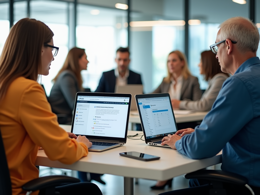 A modern office space where a team is working on laptops, displaying the Odoo interface running customs duties calculations. They are diverse in age and gender, showing collaboration amongst a young professional wearing a bright shirt and a senior in formal attire. Bright, well-lit surroundings create a productive atmosphere. This is a high-resolution, photo-realistic image that captures a dynamic workflow using Odoo's software.