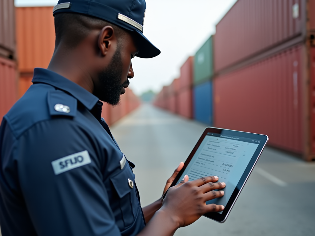 A close-up of a security officer inspecting cargo at a port in Kenya, with Odoo’s software displayed on a tablet. The image features the officer in uniform with serious focus on compliance while ensuring public safety. The background highlights various shipping containers, underlining the importance of security. This high-resolution, photo-realistic image portrays a critical role in customs security management.