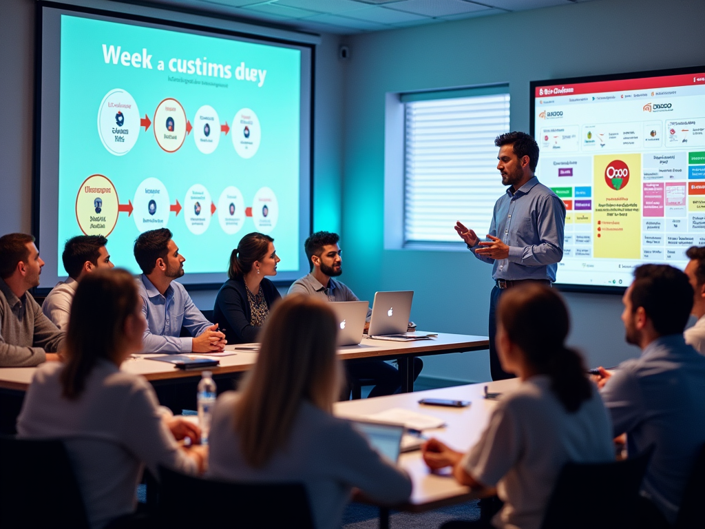 A colorful training workshop with business attendees from various backgrounds gathered around a speaker illustrating how to leverage Odoo for customs duty management. The setup includes projectors displaying various modules of Odoo and an engaging outline on a whiteboard. The environment is lively with clear engagement, and the image promotes a friendly yet professional atmosphere. This is a high-resolution, photo-realistic image motivating learning in customs management.