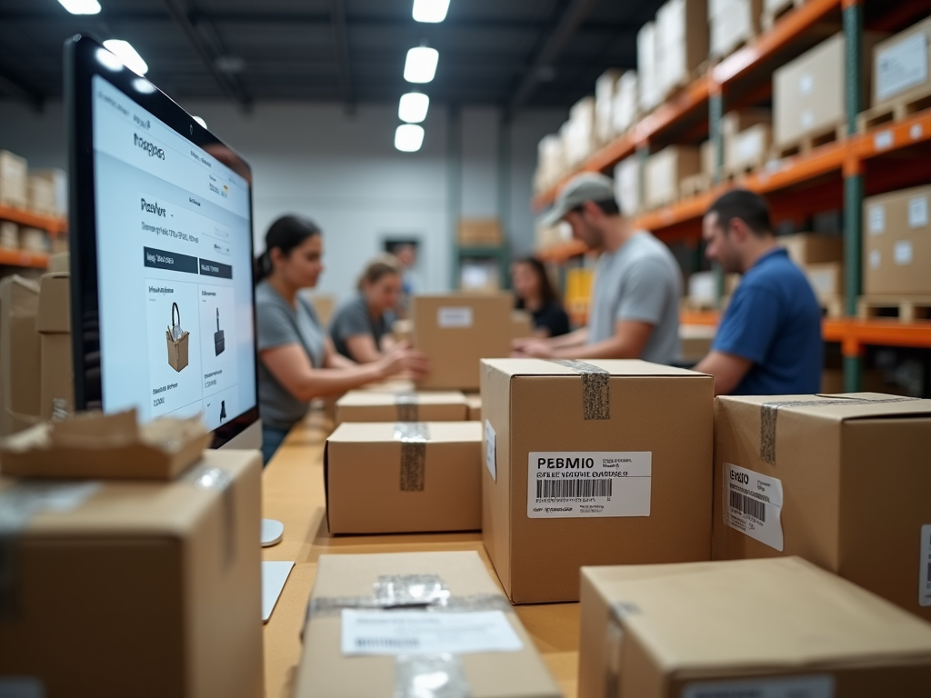Photo-realistic scene depicting a busy warehouse with various products being prepared for shipping. Workers are packing items efficiently. Bright lighting enhances a sense of organization. Boxes with shipping labels ready for delivery are visible. A computer screen in the background shows an online store interface, emphasizing the dropshipping model.