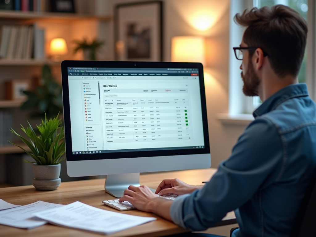 Photo-realistic image of a modern office desk with a computer displaying the Odoo interface. A person wearing casual business attire reviews sales data on the screen. Soft, warm lighting enhances the room’s inviting atmosphere. Odoo documents are scattered around, showcasing the software's capability for dropshipping management.