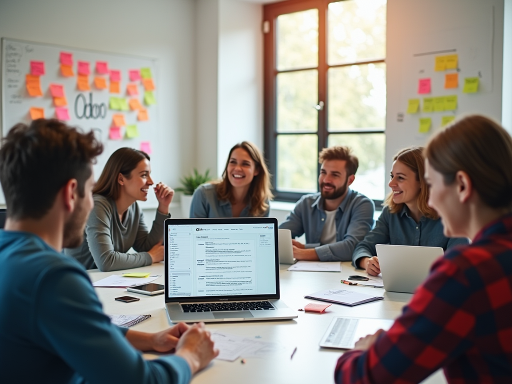A photo-realistic image of a brainstorming session with a diverse team of individuals engaged in developing solutions using Odoo add-ons. Sticky notes and whiteboards filled with ideas surround them. Bright, natural light floods the space, highlighting the collaborative spirit. Laptops display Odoo customization options, demonstrating their versatility for dropshipping.