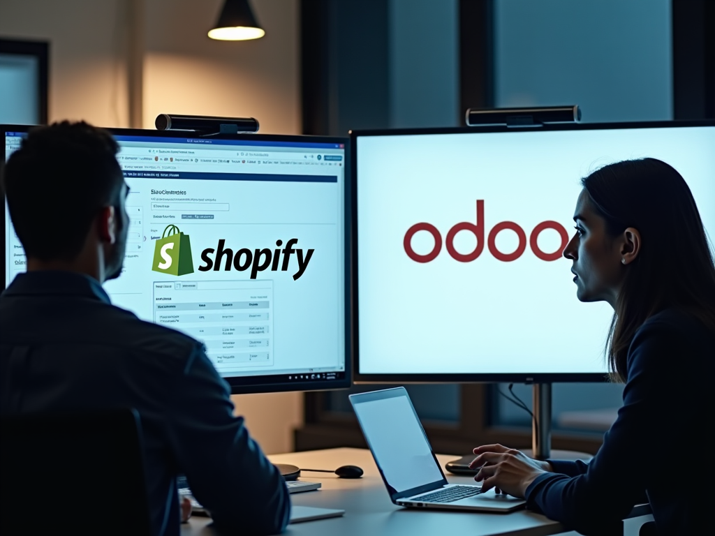 Photo-realistic split-screen image with one side showing a user interacting with the Shopify interface and the other side showcasing Odoo. Both contexts are set in modern office environments with professional individuals analyzing e-commerce performance. The lighting is balanced to highlight the contrast between these platforms.