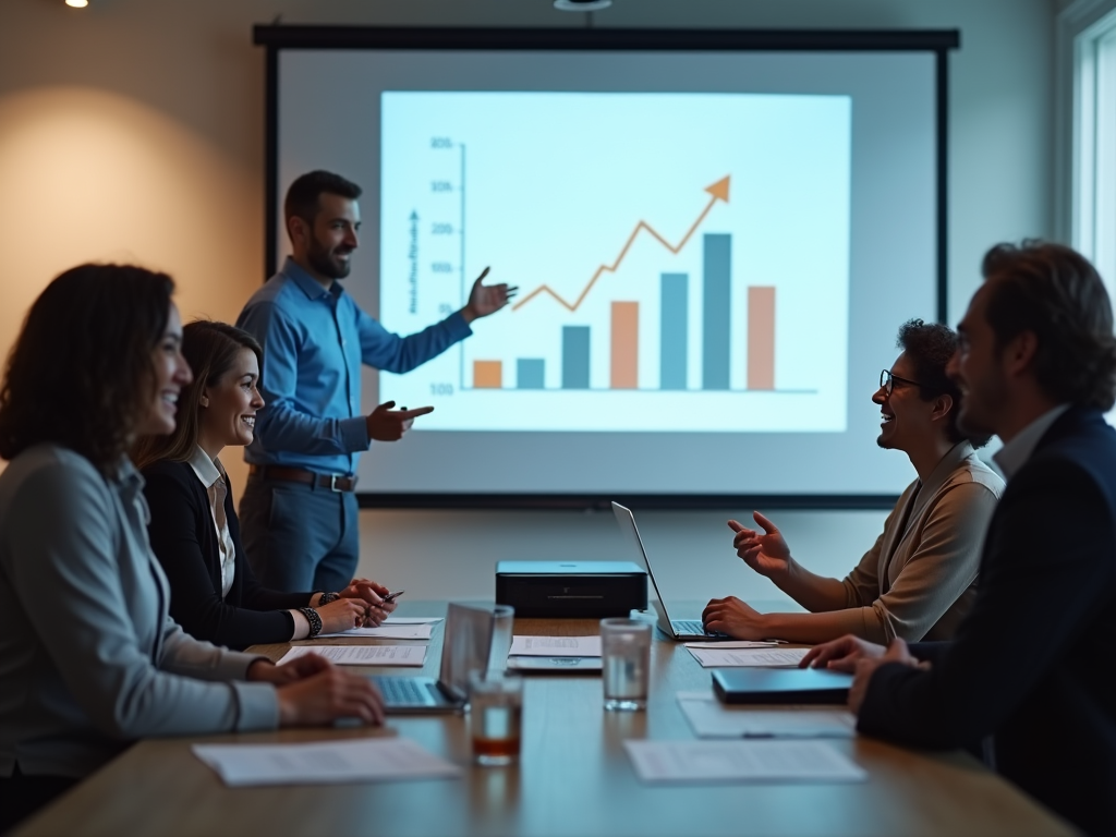 Photo-realistic scene depicting a successful business owner presenting a growth report in a conference room. A graph showing increased sales is displayed on a projector. Diverse team members are engaged and motivated. The atmosphere is dynamic and highlights the positive outcomes of using Odoo.