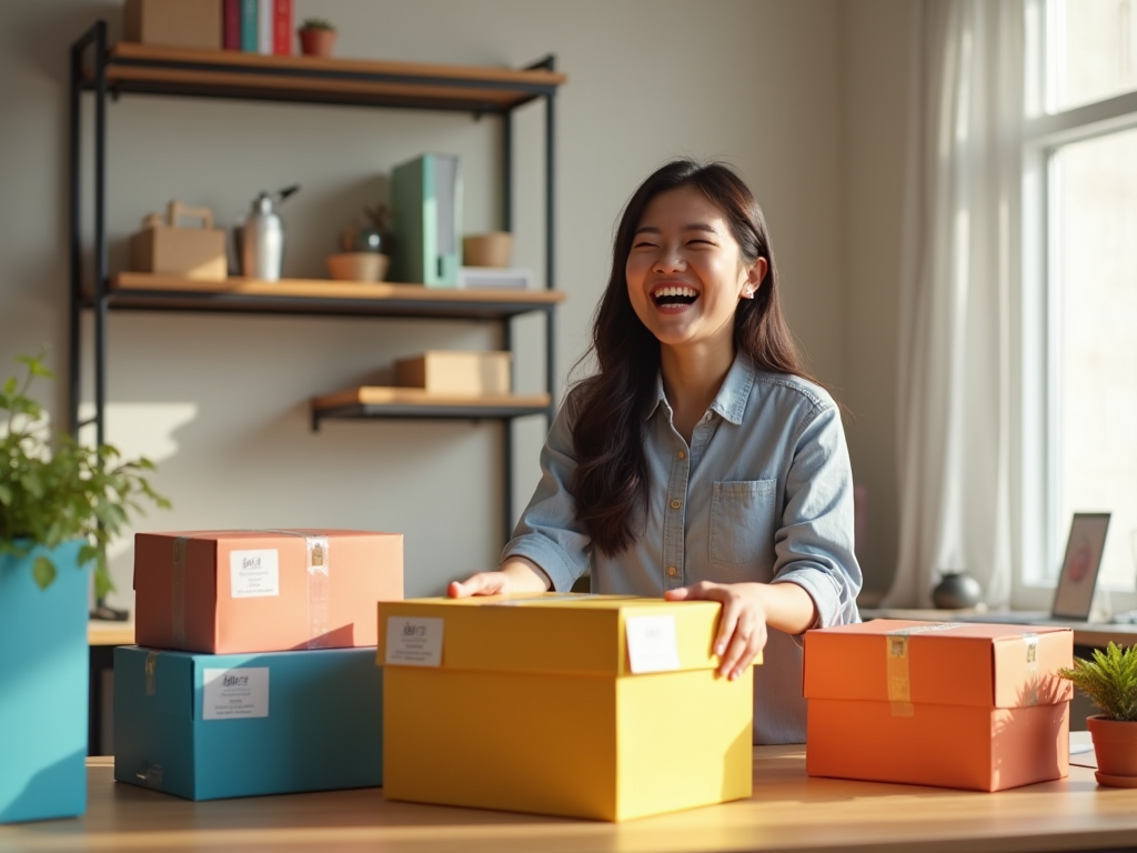 A modern e-commerce setting with an individual (a young Asian woman in a casual shirt) excitedly unboxing products labeled from CJ Dropshipping. The bright and cheerful workspace features colorful branded boxes and an organized shelf filled with products. Sunlight streams in, creating an inviting atmosphere. The image is photo-realistic, showcasing the joy of running an e-commerce business.