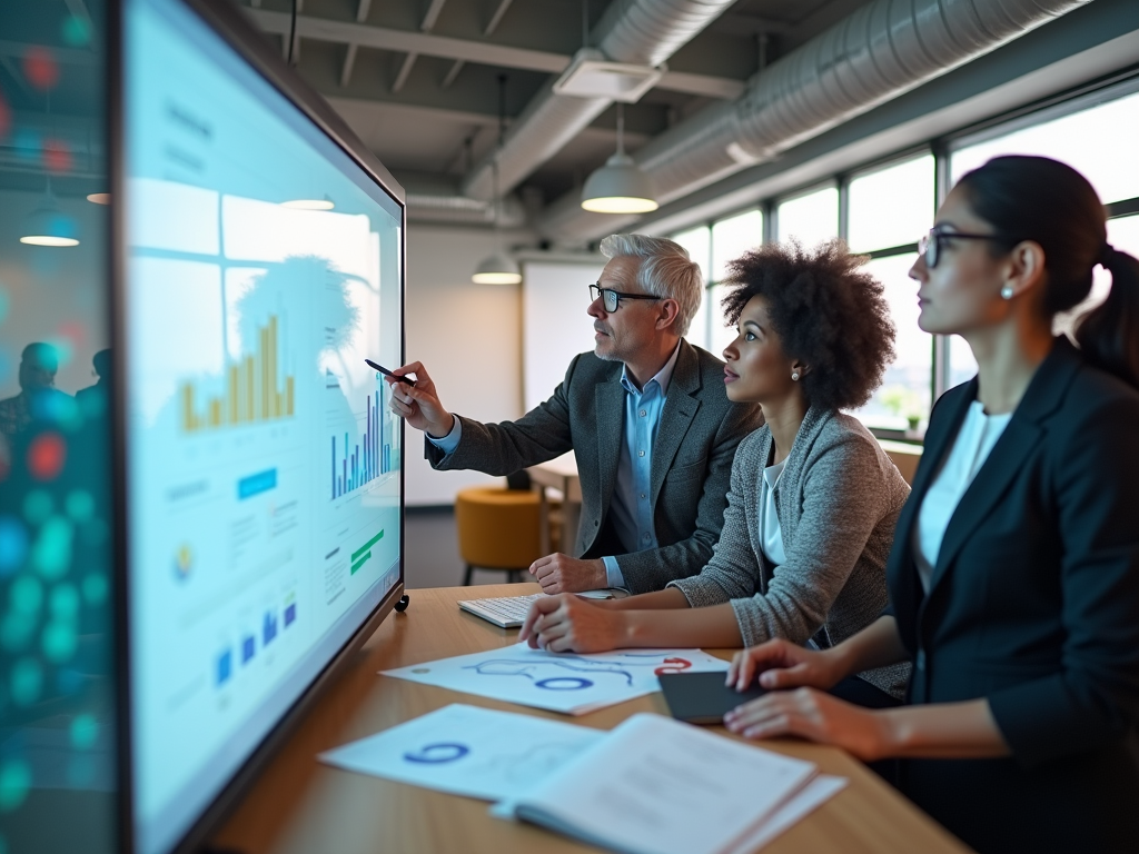 A photo-realistic view of a bustling office with three diverse professionals (a middle-aged Caucasian man with glasses, a young Black woman in a lively outfit, and a Hispanic woman in business attire) interacting with Odoo on a large screen. They are brainstorming and analyzing data visualizations. The environment is bright, with whiteboard notes visible in the background, exemplifying teamwork in a tech-driven workspace.
