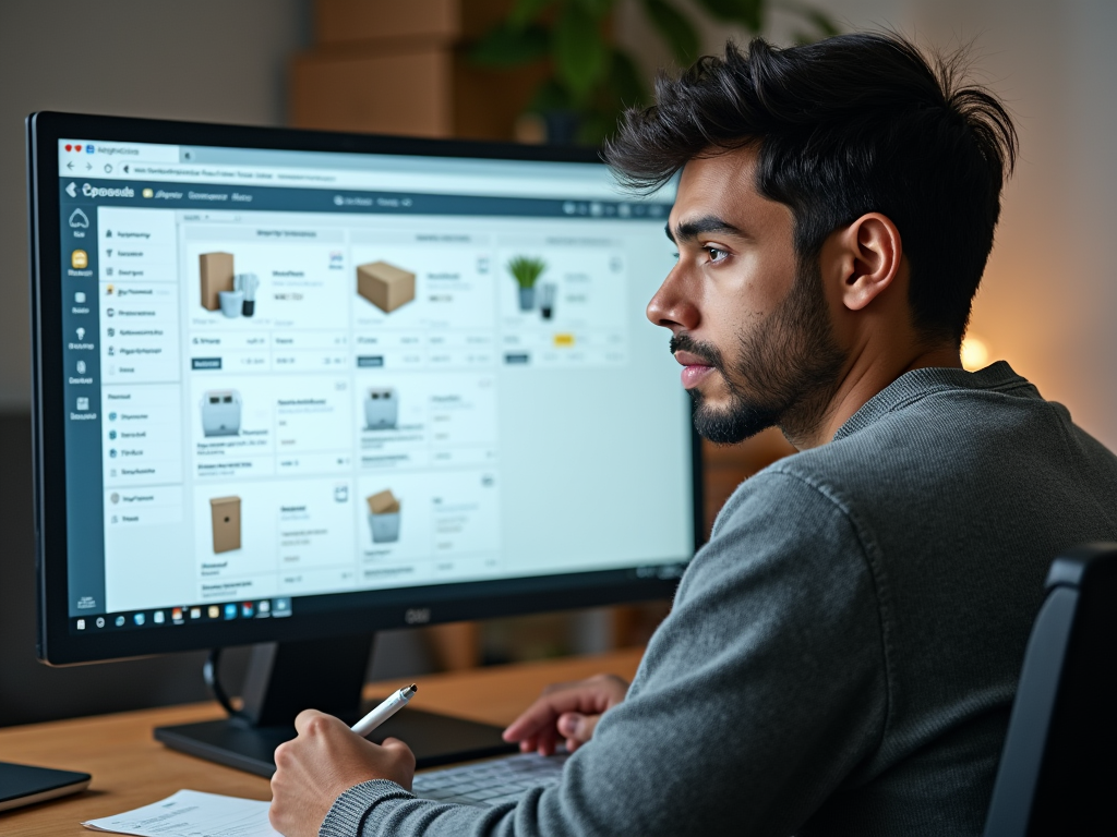 A close-up photo-realistic image of a computer screen displaying Odoo's inventory management dashboard. An engaged user (a young South Asian male in a stylish sweater) with a focused expression takes notes, illustrating the user-friendly interface of Odoo. Items and stock levels can be seen within the application, providing a vivid sense of thorough organization.