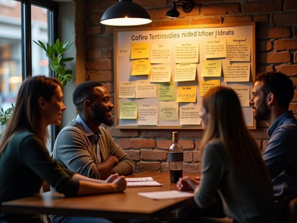 A cozy café setting with a testimonials board where various customers (diverse group including a young mixed-ethnicity couple and a middle-aged female entrepreneur) read stories on sticky notes about Odoo's impact on their dropshipping operations. The atmosphere is warm and inviting, hinting at community spirit, with soft light enhancing the heartfelt nature of the stories.