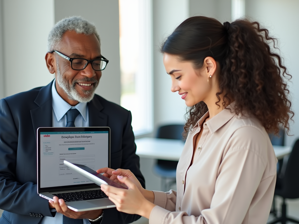 A professional and clean office with an image of an open laptop showing the Odoo setup screen, while a young woman (Caucasian, in a smart blouse) holds a tablet discussing next steps with an older gentleman (Black, in a suit). Bright, natural light highlights the optimistic mood and collaborative spirit of their journey towards dropshipping success.