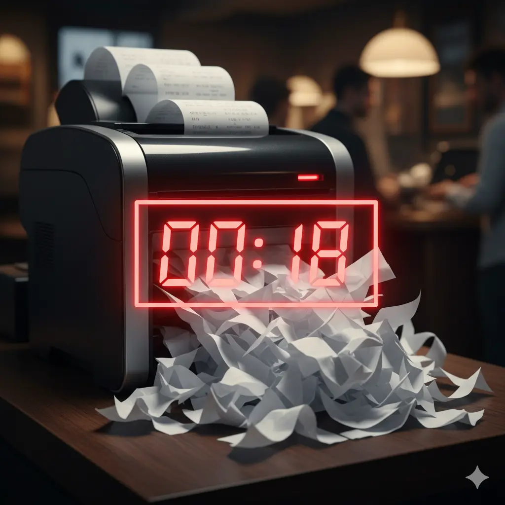 Slow Odoo POS printer jamming receipts, illustrating the reported 18-second delay that causes restaurant chaos during peak hours.