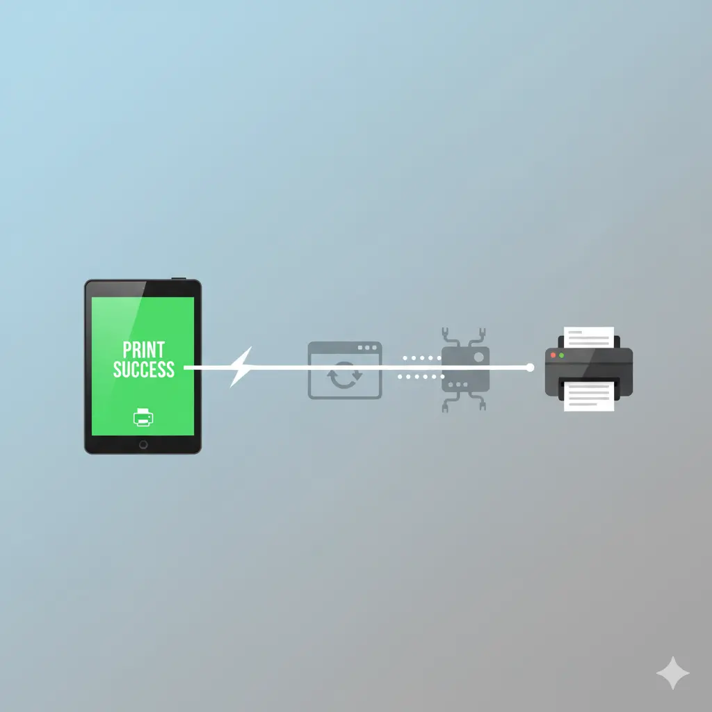 Ultraprint solution graphic demonstrating instantaneous, seamless printing from an Odoo POS device directly to a remote kitchen printer.